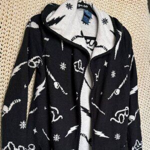 Harry Potter Hogwarts Alumni Hooded Cardigan Sweater Black White Spell Pattern M